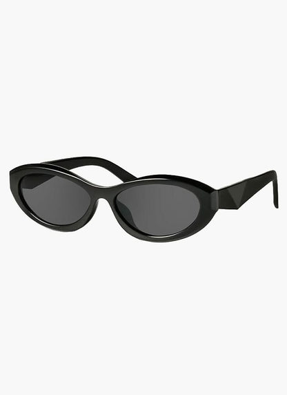 Black cat-eye minimalist sunglasses with dark lenses and slim arms