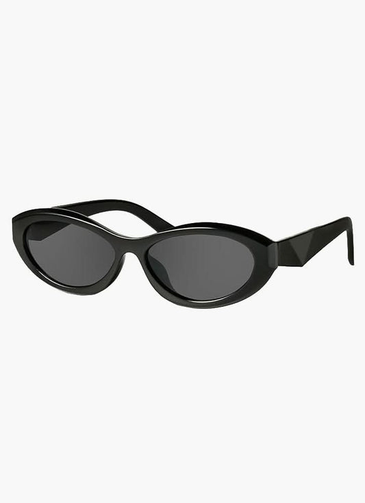 Black cat-eye minimalist sunglasses with dark lenses and slim arms