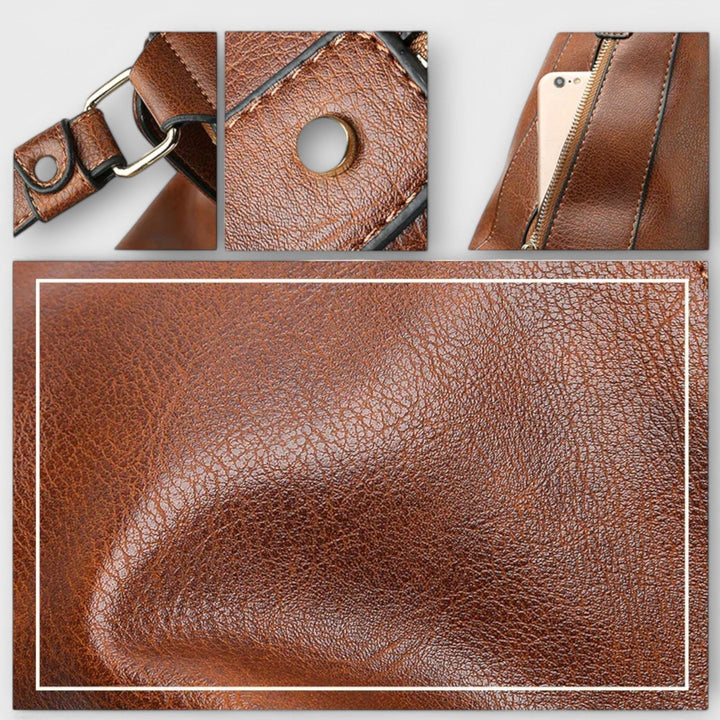 Brown leather-look handbag details with key ring, zip pull, and textured panel close-up