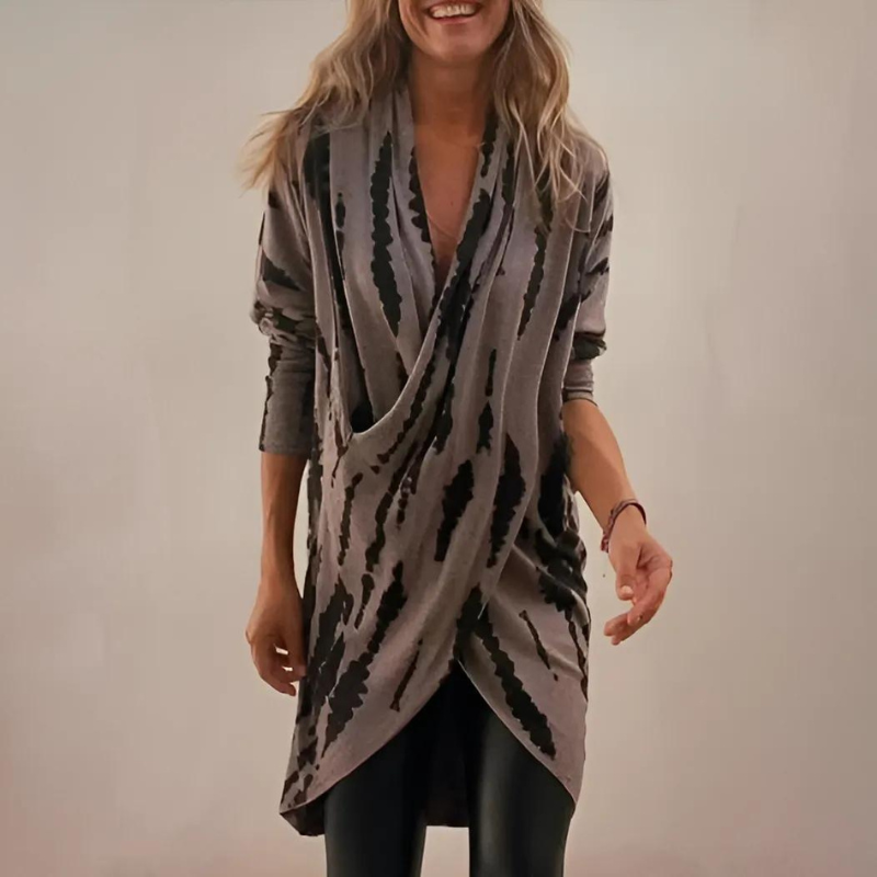 Women’s wrap V-neck top in gray with black abstract print, long sleeves