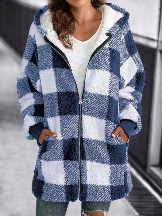 Warm oversized cardigan, blue-and-white buffalo check zip hoodie with black trim
