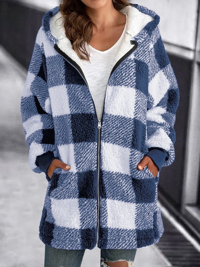 Warm oversized cardigan, blue-and-white buffalo check zip hoodie with black trim