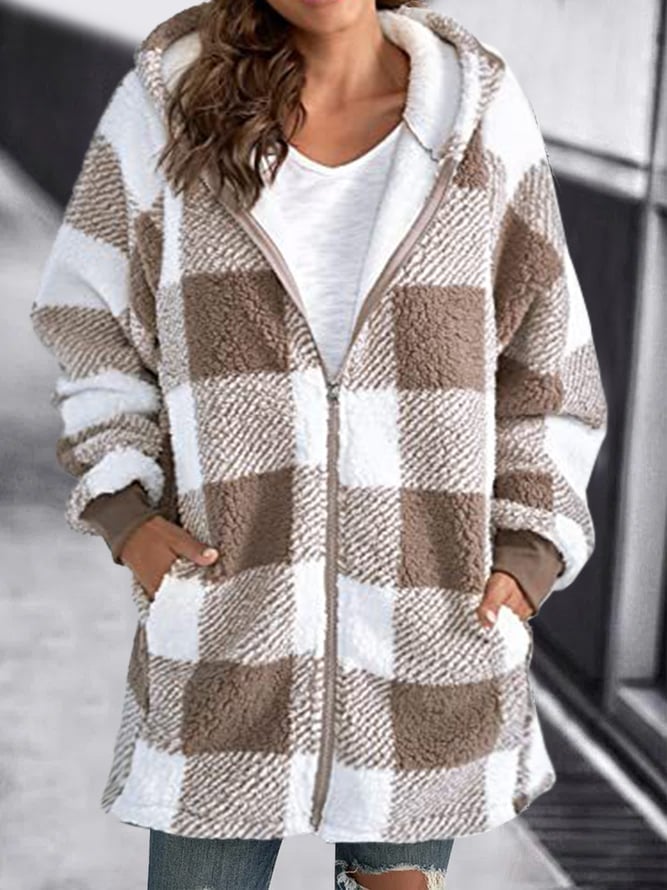 Warm oversized cardigan, tan-and-white buffalo check zip hoodie with light trim