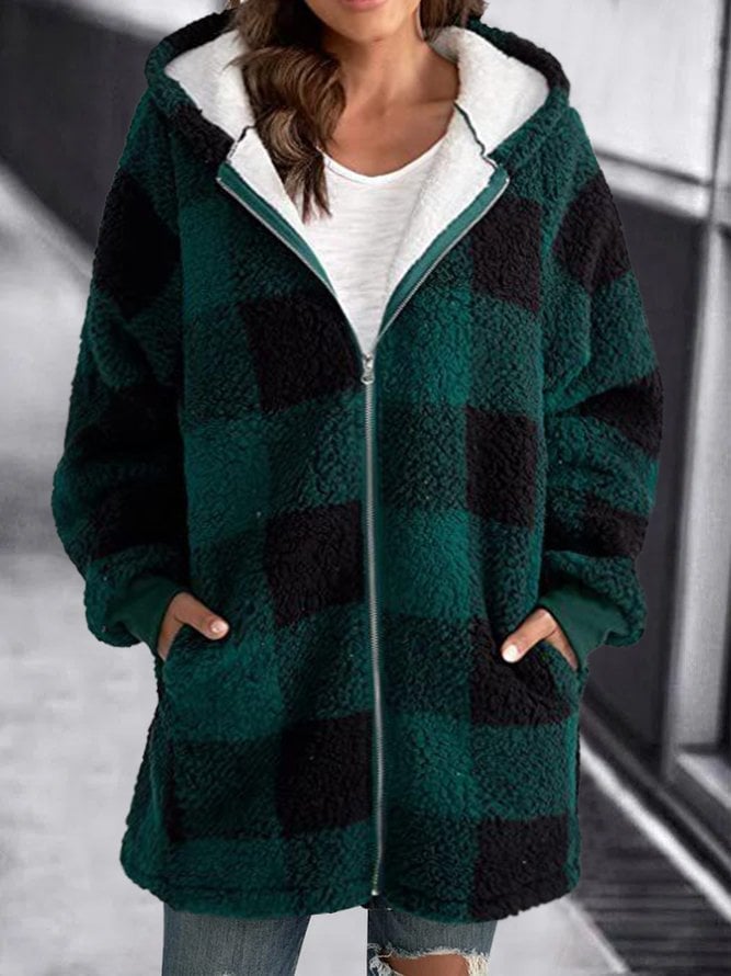 Warm oversized cardigan, green-and-black buffalo check zip hoodie with dark trim