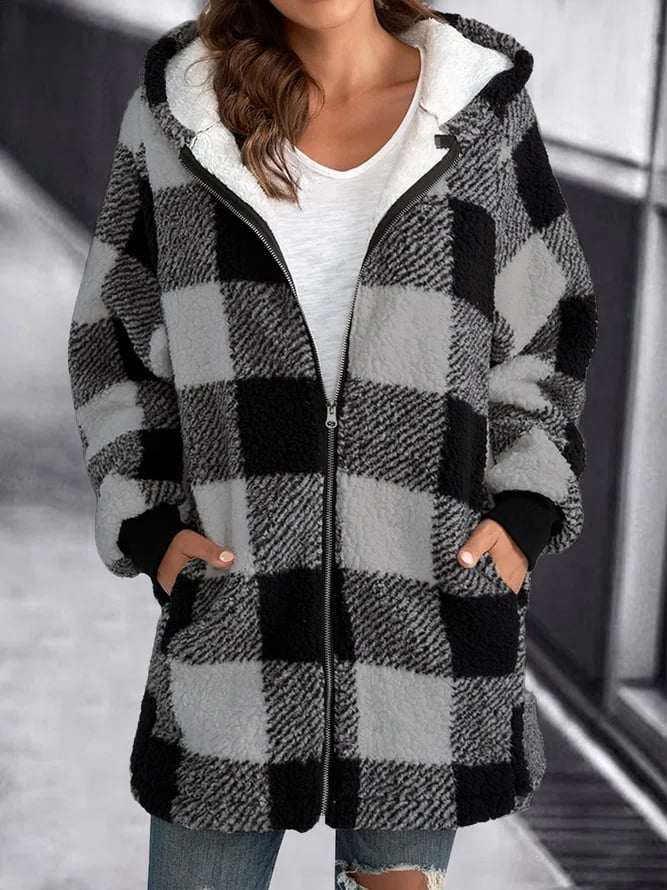 Warm oversized cardigan, black-and-white buffalo check zip hoodie with black trim