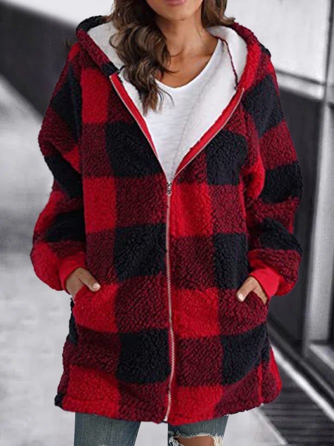 Warm oversized cardigan, red-and-black buffalo check zip hoodie with red trim