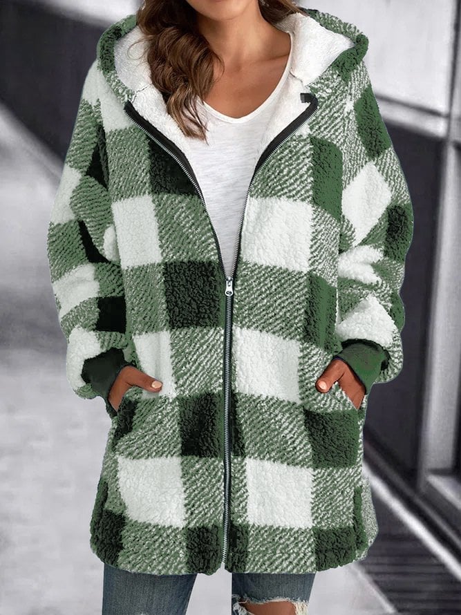Warm oversized cardigan, green-and-white buffalo check zip hoodie with light trim
