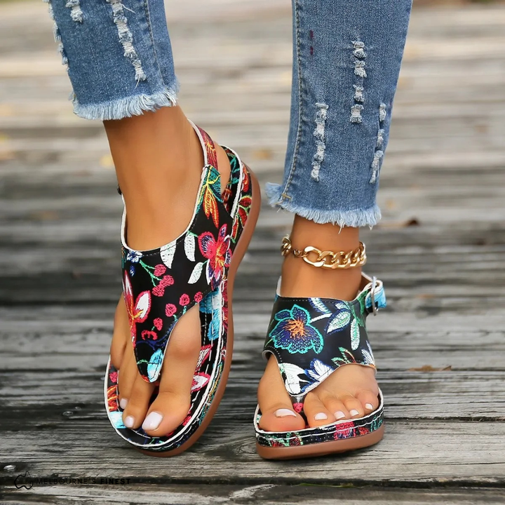 Floral orthopedic comfort sandals with open toe and gold chain ankle strap