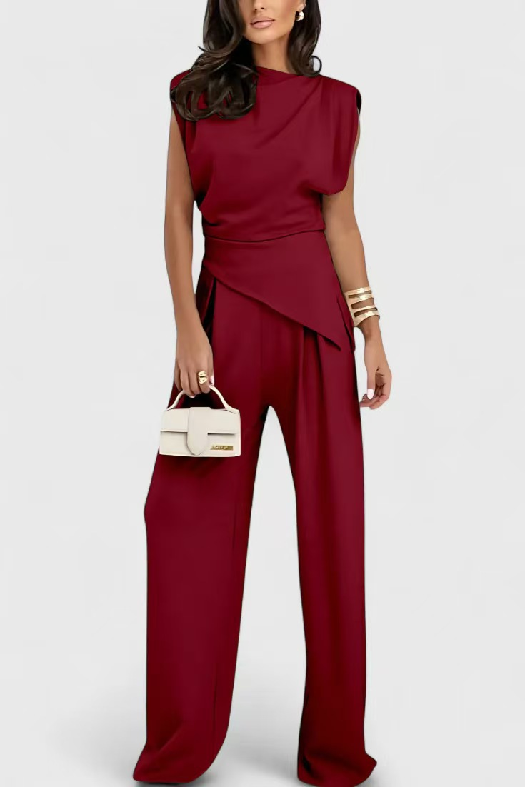 Burgundy draped two-piece set with cap sleeves and wide-leg trousers