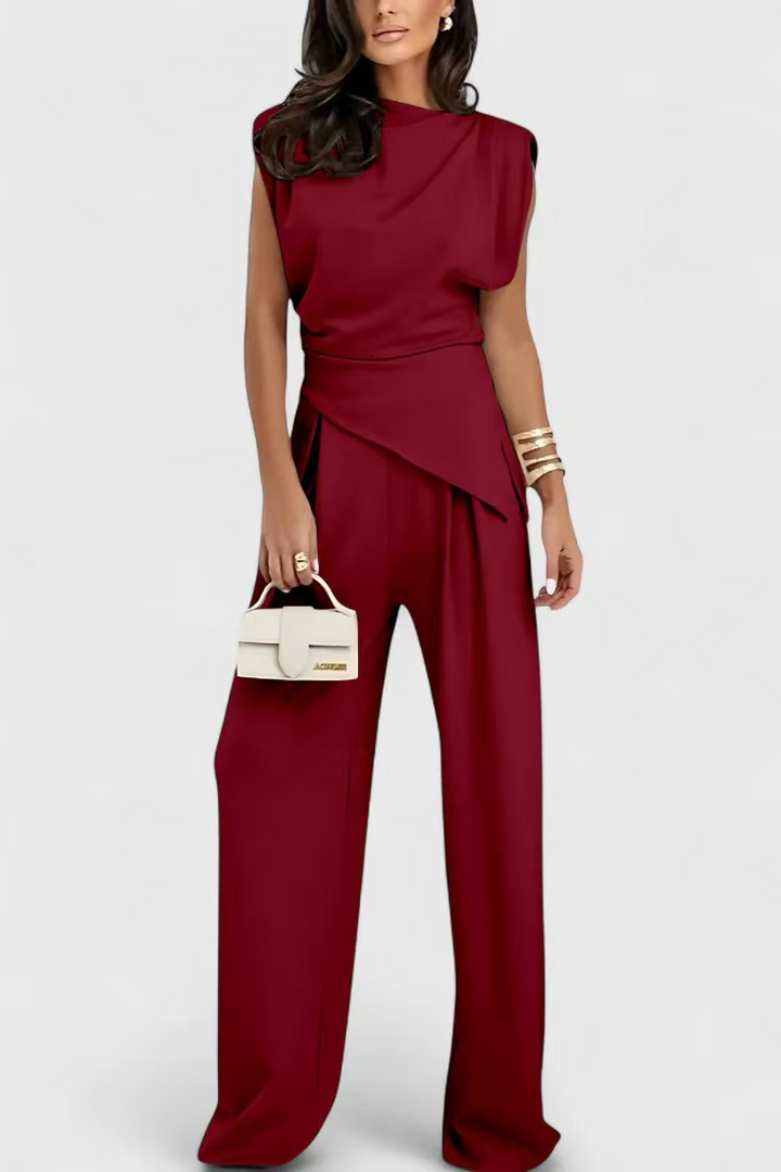Burgundy draped two-piece set with cap sleeves and wide-leg trousers