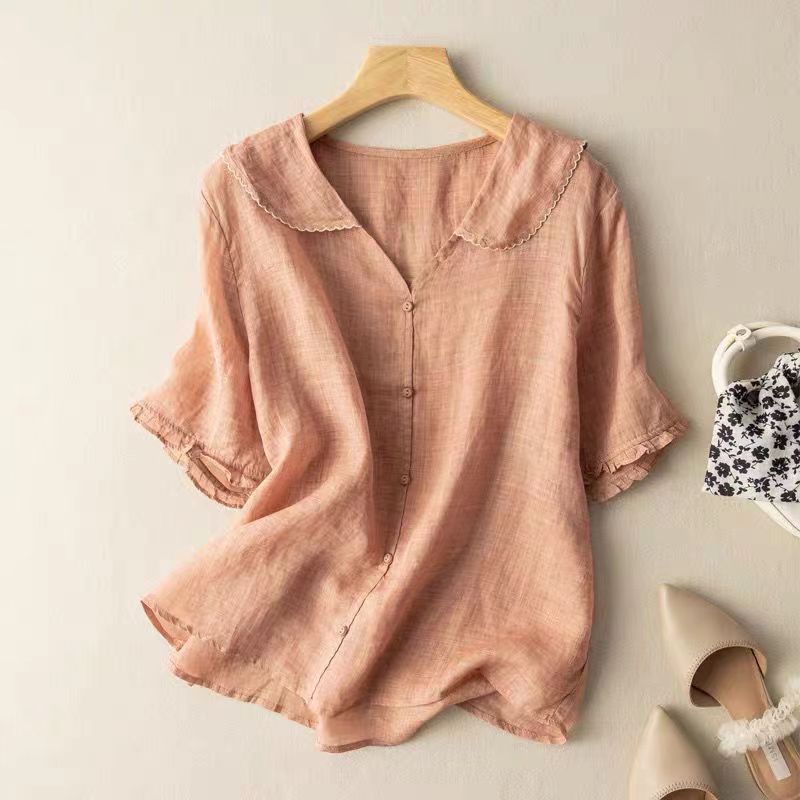 Peach Women's blouse with scalloped collar, button-front, short sleeves