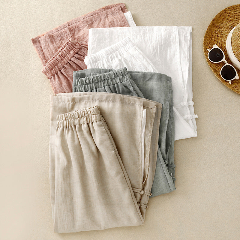 Assorted linen casual pants: pink, beige, gray, white; elastic waist, wide legs
