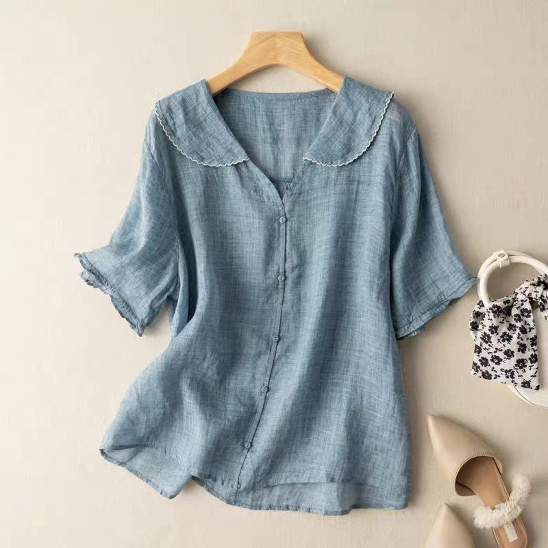 Blue Women's blouse with scalloped collar, button-front, short sleeves