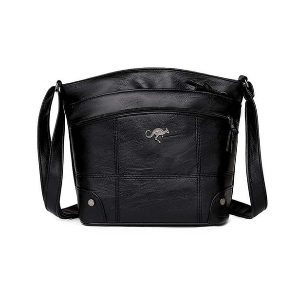 Black leather crossbody bag with multiple pockets, zip top, and long crossbody strap.