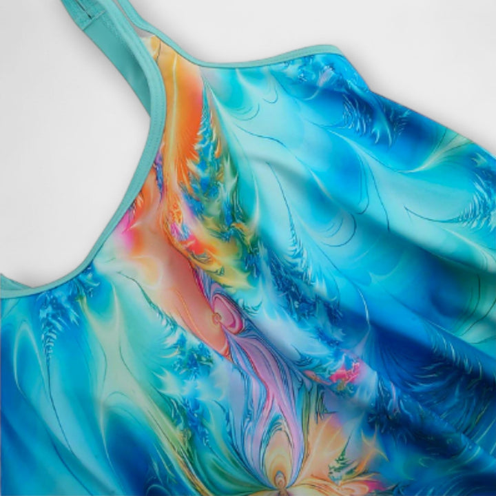 Tankini top with blue multicolor swirl print and racerback straps