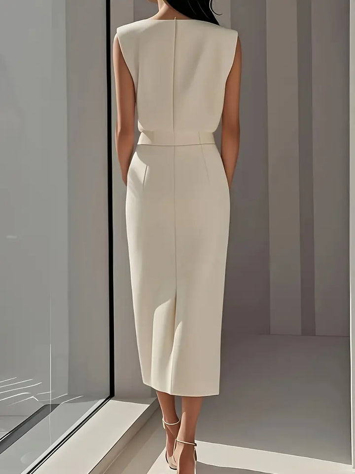 Cream midi dress, sleeveless back view with gold-button detail and side slit.