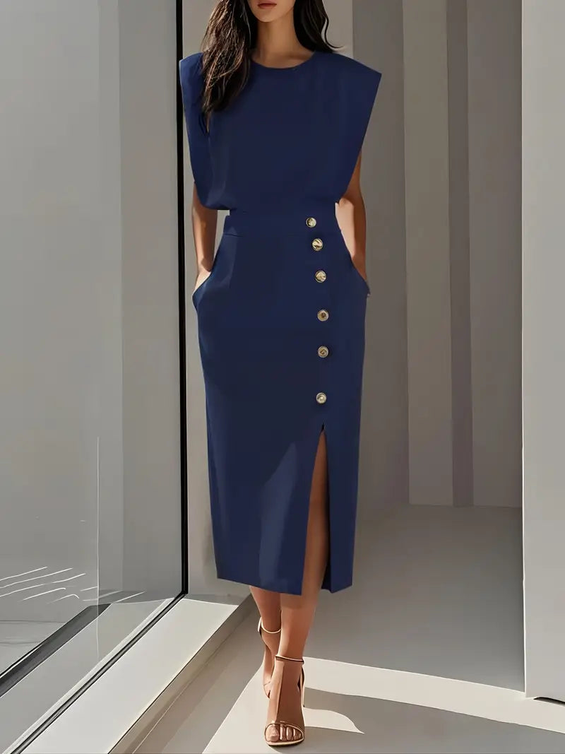 Navy midi dress, sleeveless, with gold button front and side slit.