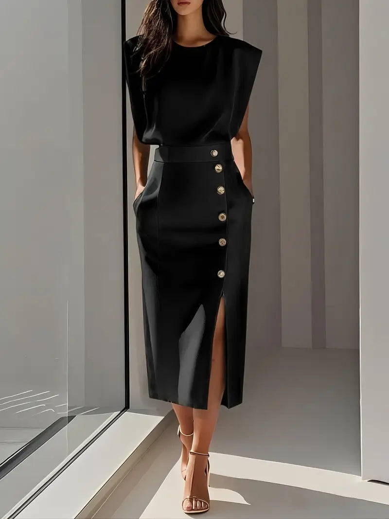 Black midi dress, sleeveless, with gold button front and side slit.