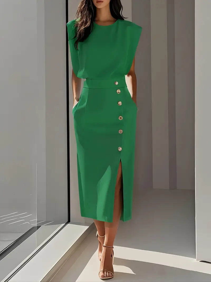 Green midi dress, sleeveless, with gold button front and side slit.