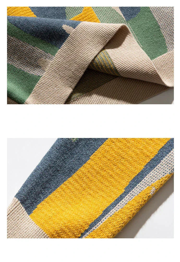 Unisex cat sweater cuff detail, beige rib knit with blue and yellow stripes