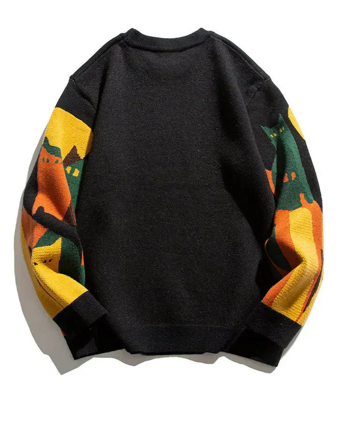 Unisex cat sweater, black knit with plain back and colorful cat sleeves