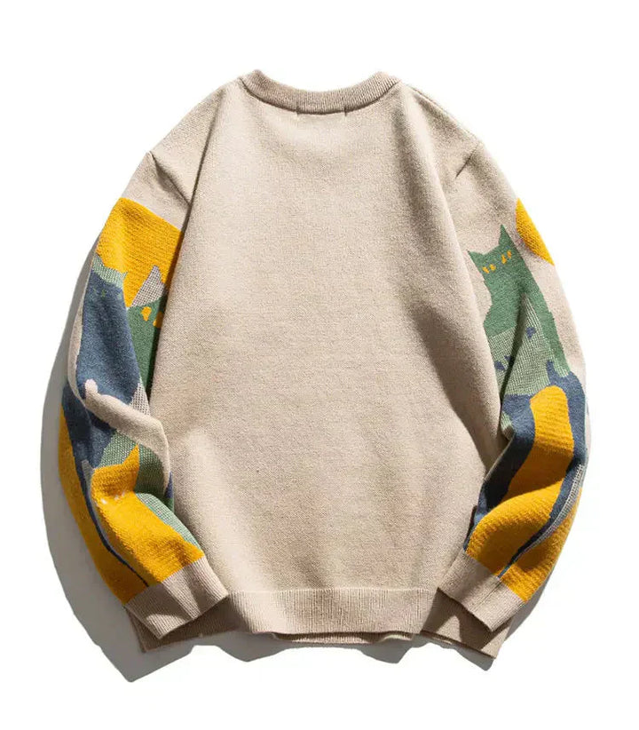 Unisex cat sweater, beige knit with plain back and patterned sleeves