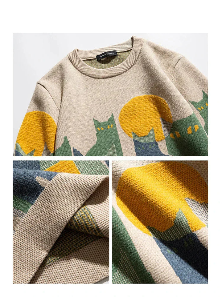 Unisex cat sweater detail, beige knit with cat graphic and ribbed neckline