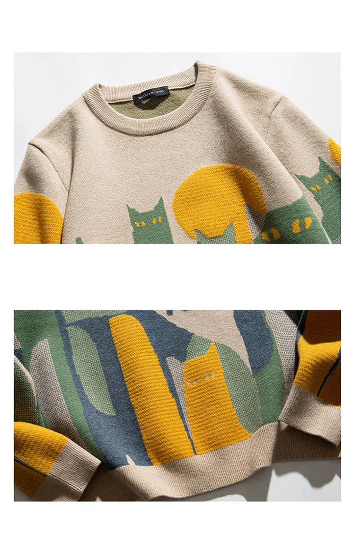 Unisex cat sweater detail, beige crewneck with yellow cat and ribbed cuffs