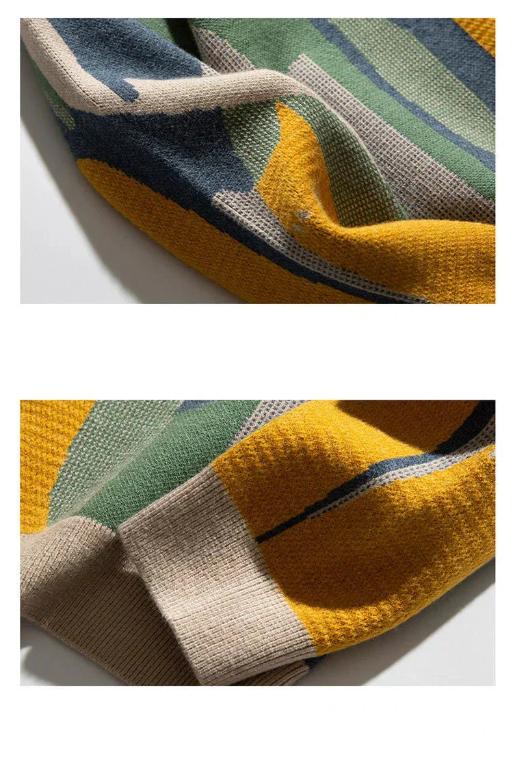Unisex cat sweater sleeve detail, beige knit with yellow and green cat motif