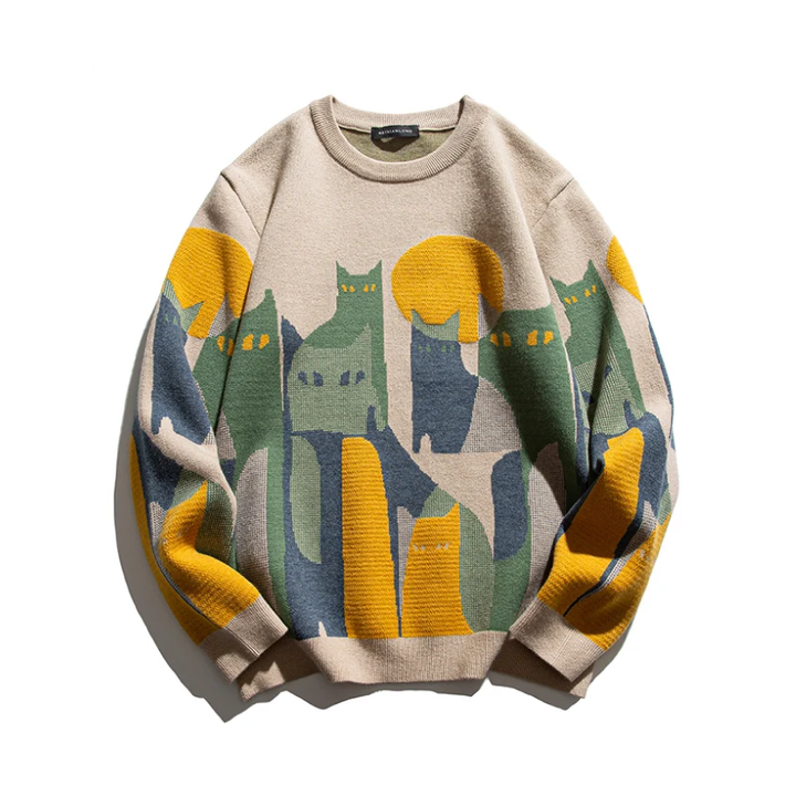 Unisex cat sweater, beige knit with colorful cat village graphic