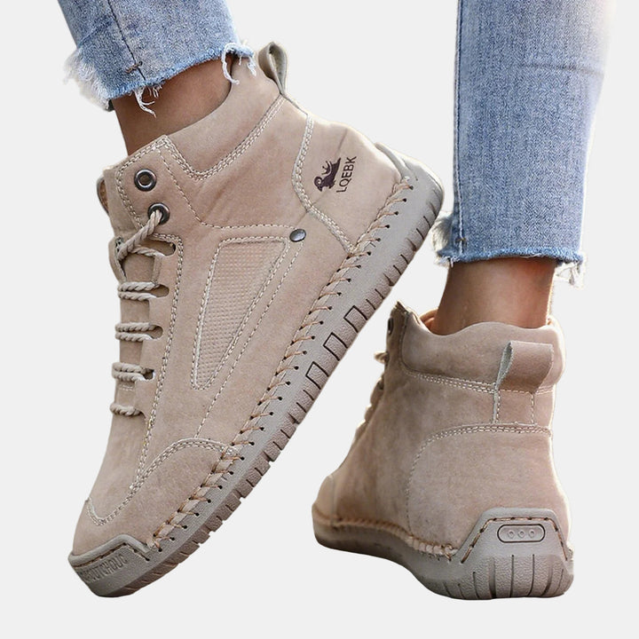 Beige lace-up lightweight comfort sneakers with rubber tread sole
