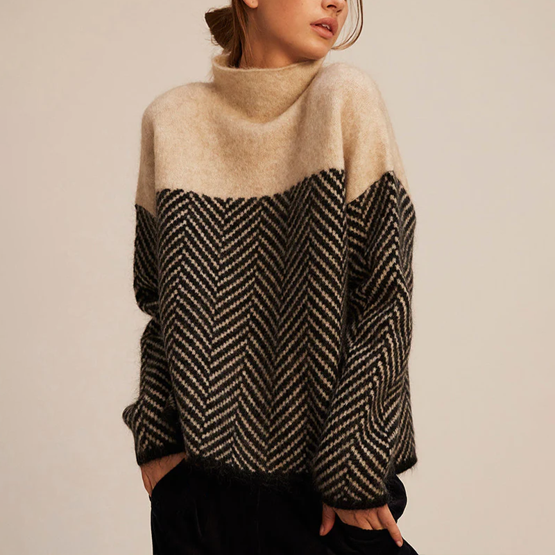 Two-tone high-neck pullover, camel top with black-and-cream zigzag yoke