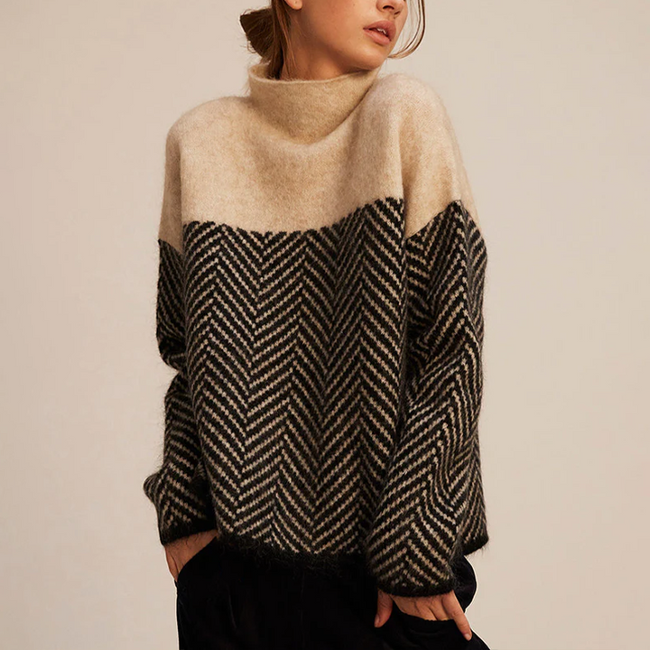 Two-tone high-neck pullover, camel top with black-and-cream zigzag yoke