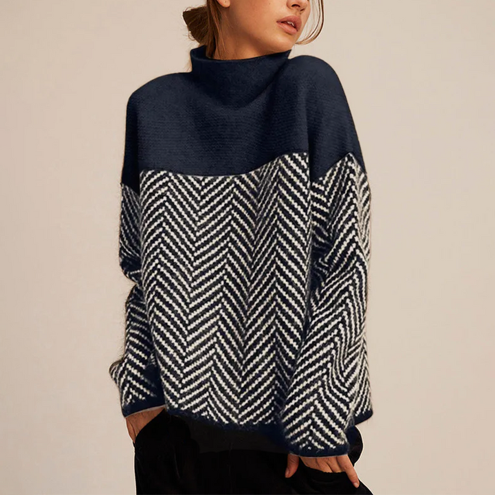 Two-tone high-neck pullover, navy top with white-and-black zigzag yoke
