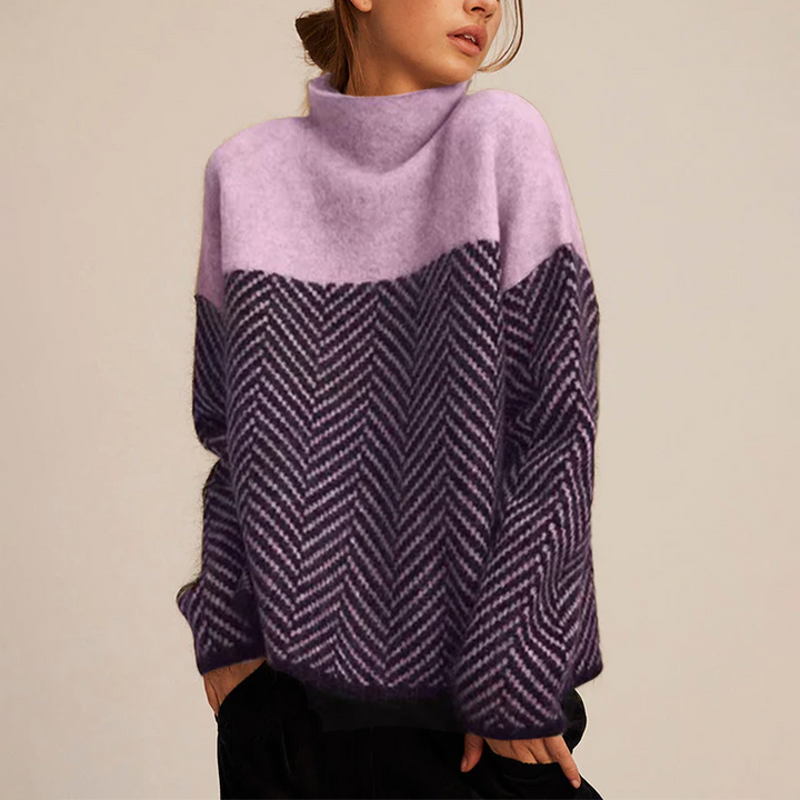 Two-tone high-neck pullover, lavender top with purple-toned zigzag yoke