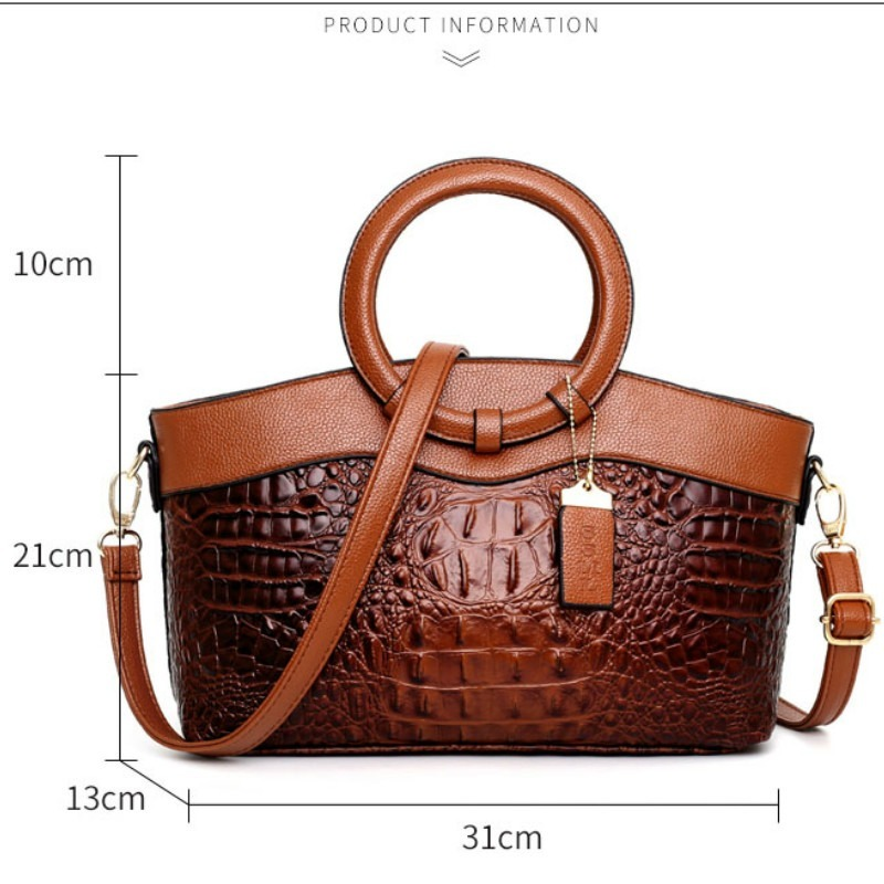 Brown croc-embossed handbag product diagram with top handles and shoulder strap.