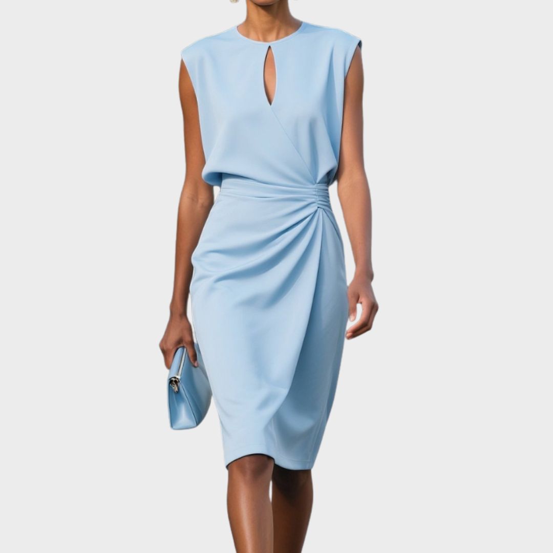 Light blue sleeveless midi dress with keyhole neckline and draped waist twist
