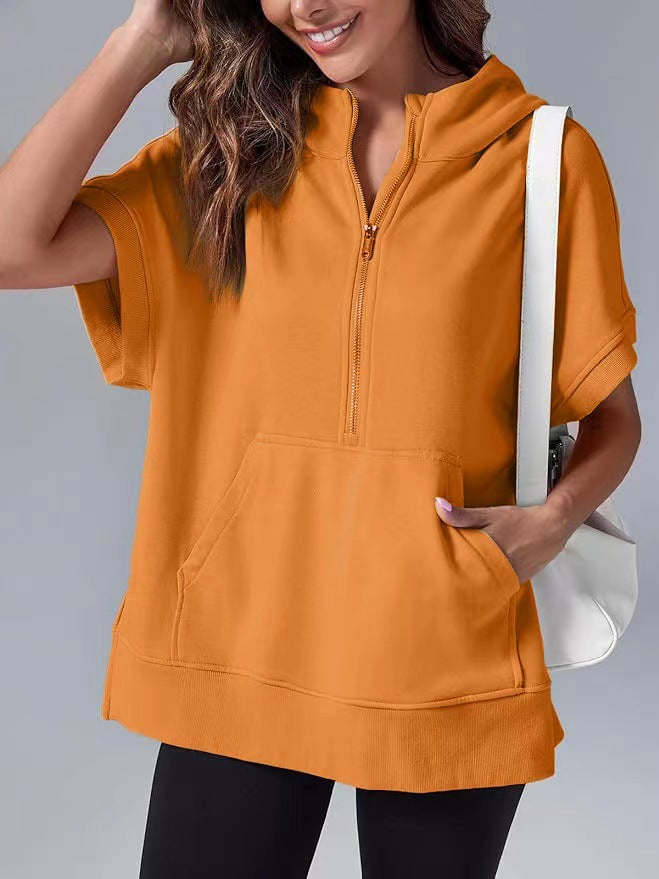 Orange relaxed half-zip summer hoodie, hood, short sleeves, front pouch pocket