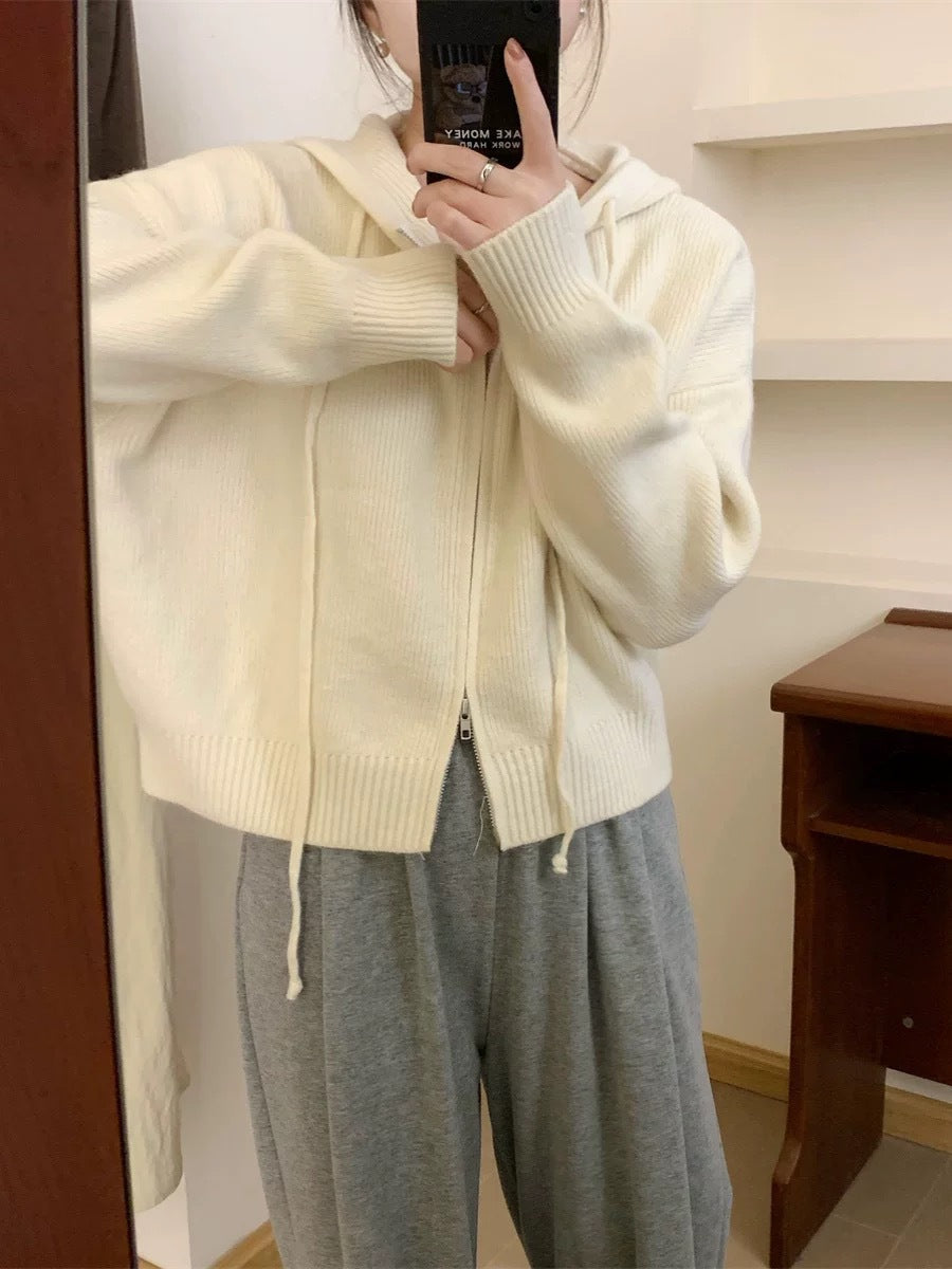 Hooded zip-up cardigan with ribbed cuffs and hem, cream knit sweater