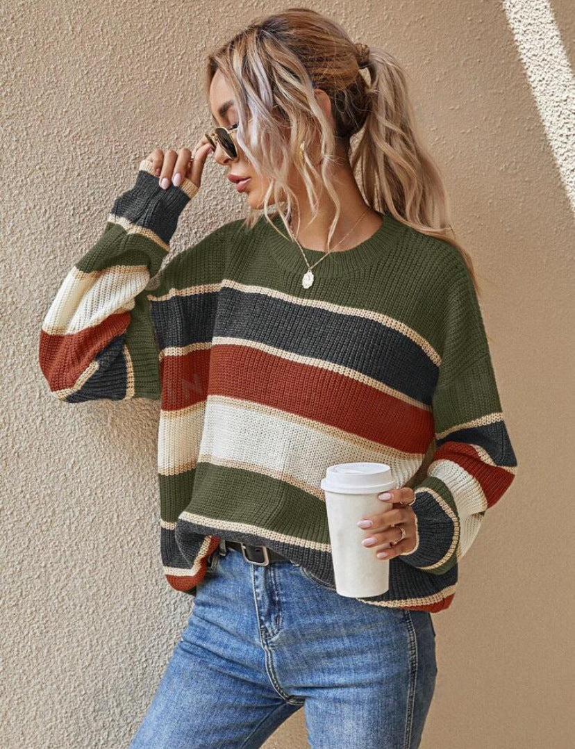 Olive green rust cream striped long-sleeve sweater with crew neck, ribbed cuffs and hem