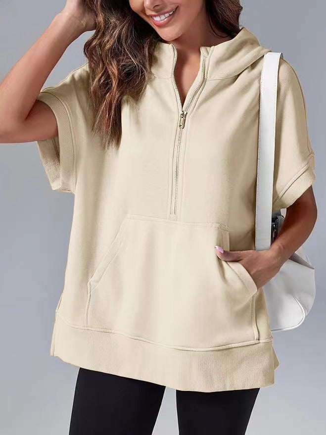 Cream relaxed oversized half-zip summer hoodie with hood and kangaroo pocket