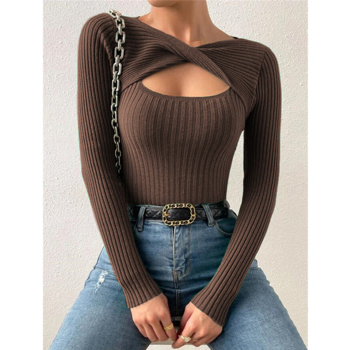 Brown ribbed knit crewneck long-sleeve pullover sweater with chest cutout