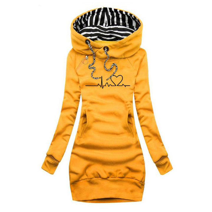 PULSE™ Cosy Heartbeat Hoodie in yellow, pullover with striped hood lining and heart graphic