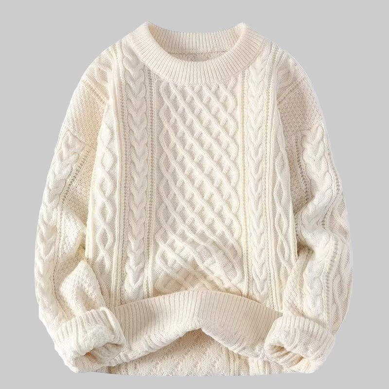 Off-white textured cable-knit sweater with round crew neck, long sleeves, ribbed hem