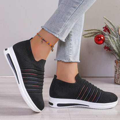 OLIVIA comfortable sneakers, black knit with striped detail and cushioned white sole