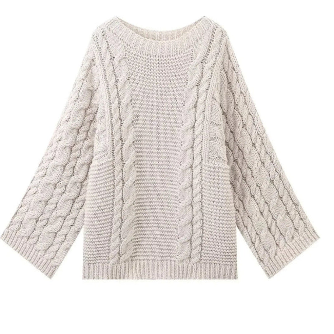 Off-white cable knit sweater, loose fit, wide crew neck, long sleeves