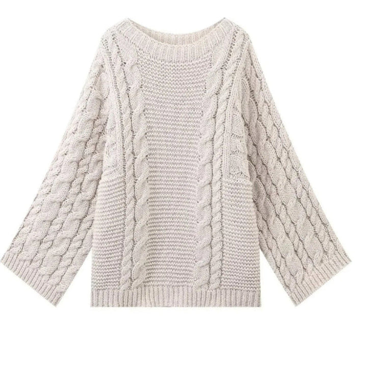 Off-white cable knit sweater, loose fit, wide crew neck, long sleeves