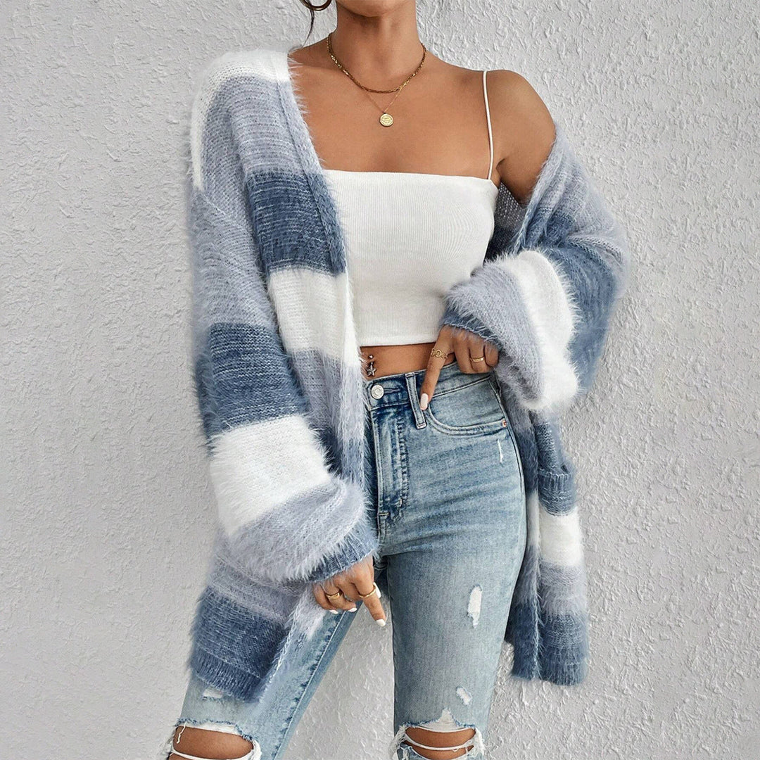 Fuzzy open-front long sleeve cardigan with blue-and-white striped pattern