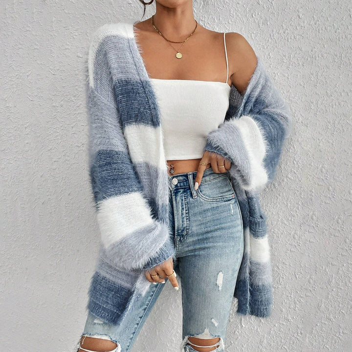 Fuzzy open-front long sleeve cardigan with blue-and-white striped pattern