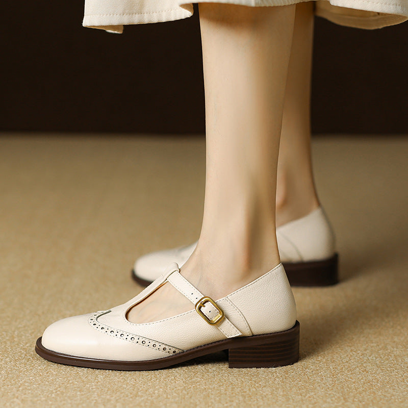 Beige Mary Jane shoes with square buckle strap and low block heel